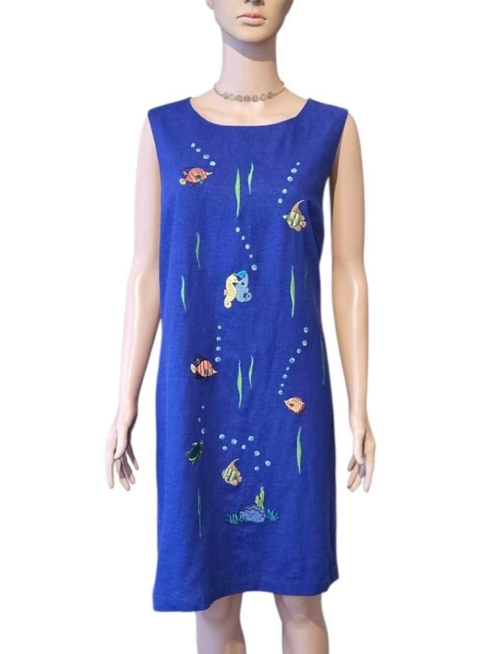 NWOT Vintage Ultra Dress New York Linen Blend Fish Embroidered Sheath Dress